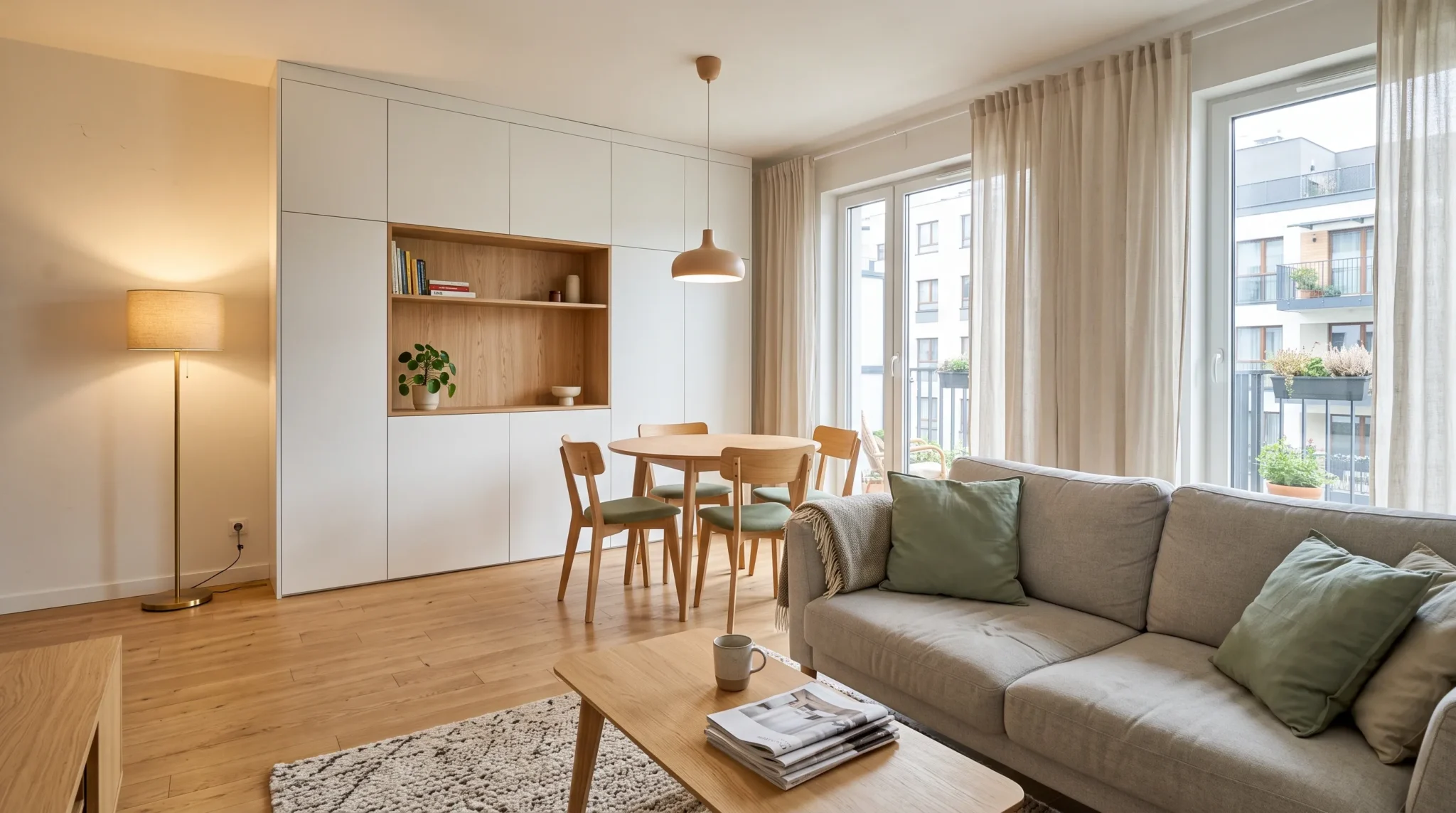 Salon z jadalnią w jasnym mieszkaniu: szara sofa, okrągły stół z krzesłami, biała zabudowa do sufitu z półką i lampa podłogowa.