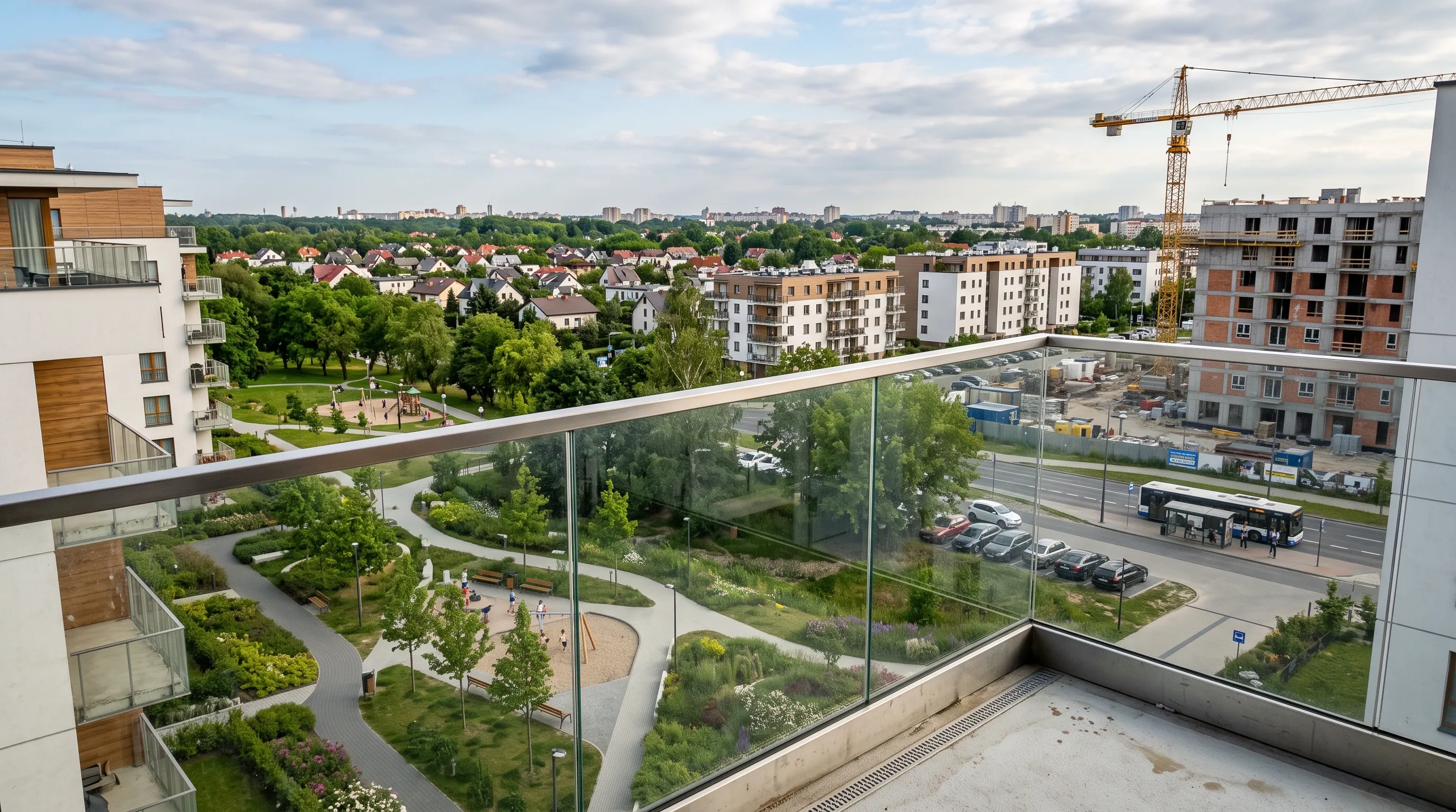 Widok z balkonu na okolicę osiedla: park z placem zabaw, bloki mieszkalne, domy jednorodzinne, ulica z przystankiem i budowa z dźwigiem.